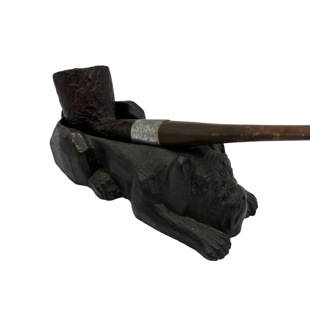 Vintage‎ Hand Carved Wood Bulldog Pipe Rest Holder Black Folk Art Dog Figurine